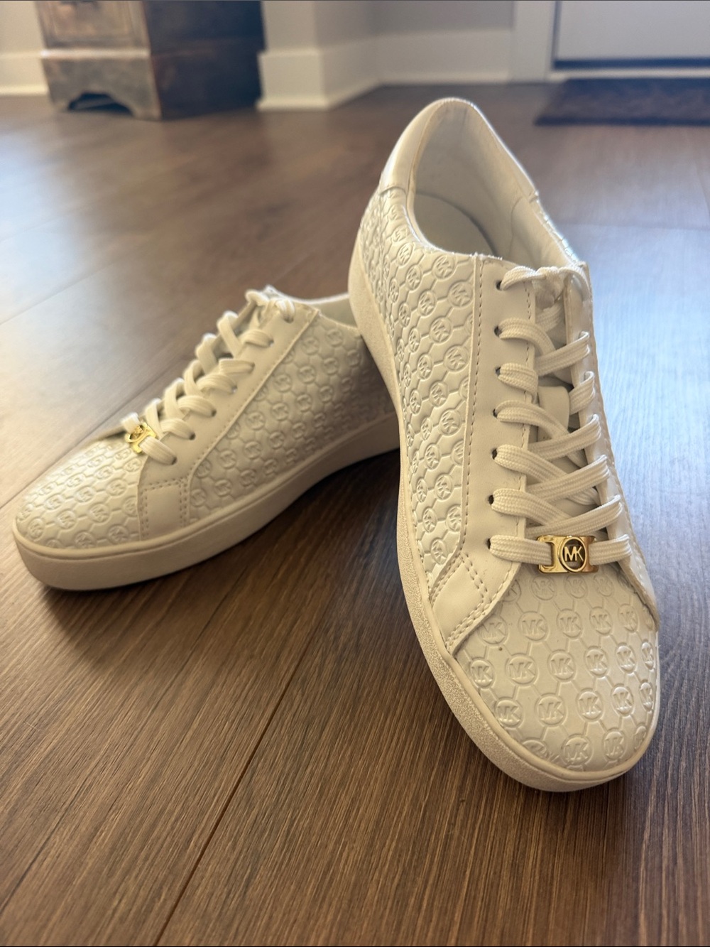 Michael Kors Cream-White Embossed MK Lace-Up Sneakers